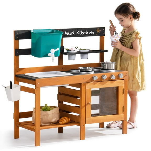 Robud Mud Kitchen for Kids Outdoor, Wooden Outdoor Play Kitchen Set with Real Water Play, Cooking Pots & Gardening Tools, Pretend Play for Ages 3+