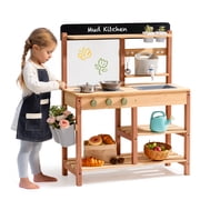 Robud Mud Play Kitchen Outdoor for Toddler 3+, Wooden Monteeori Toys for Kids Indoor, Caramel