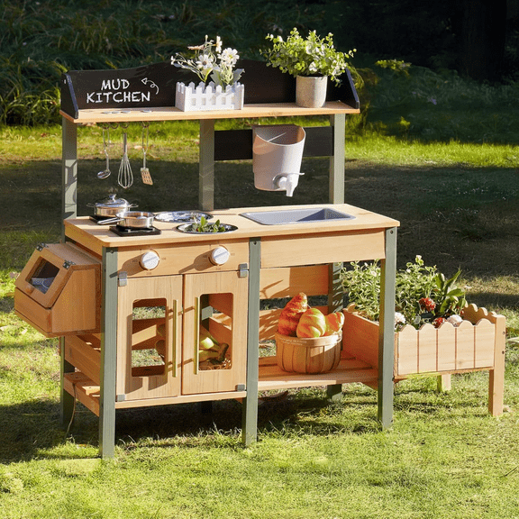 Robud Outdoor Mud Kitchen Set for Kids, Wooden Pretend Play Kitchen with Plant Growing Box, Real Faucet, Sink, Kitchen Accessories, Pretend Play for Kids Boys Girls Toys Age 3+