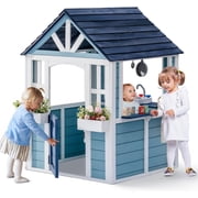 Robud Outdoor Wooden Playhouse for Kids, Play Cottage with Toy Sink, Stove, Cookware & Snack Bar, Backyard Pretend Playhouse Ages 3+, Blue