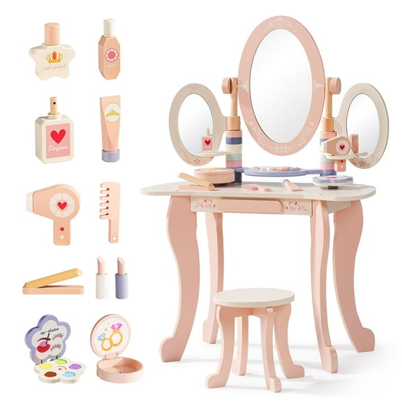Robud Pink Kids Vanity Set, Makeup Vanity Desk with Mirror, Chair and Storage Drawers, Little Girl Dressing Table with Stool for Toddlers Ages 3+