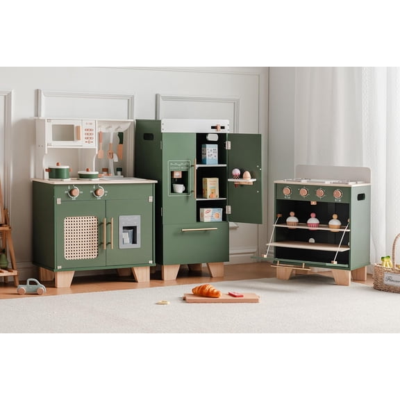 Robud Play Kitchen with Toy Fridge & Oven, Vintage Green Wooden Kids Kitchen Play Set for Ages 3-7, Realistic Stove Sink Clock with Sound Knobs, Touch-Sensitive Cooking Toy Gift for Boys Girls