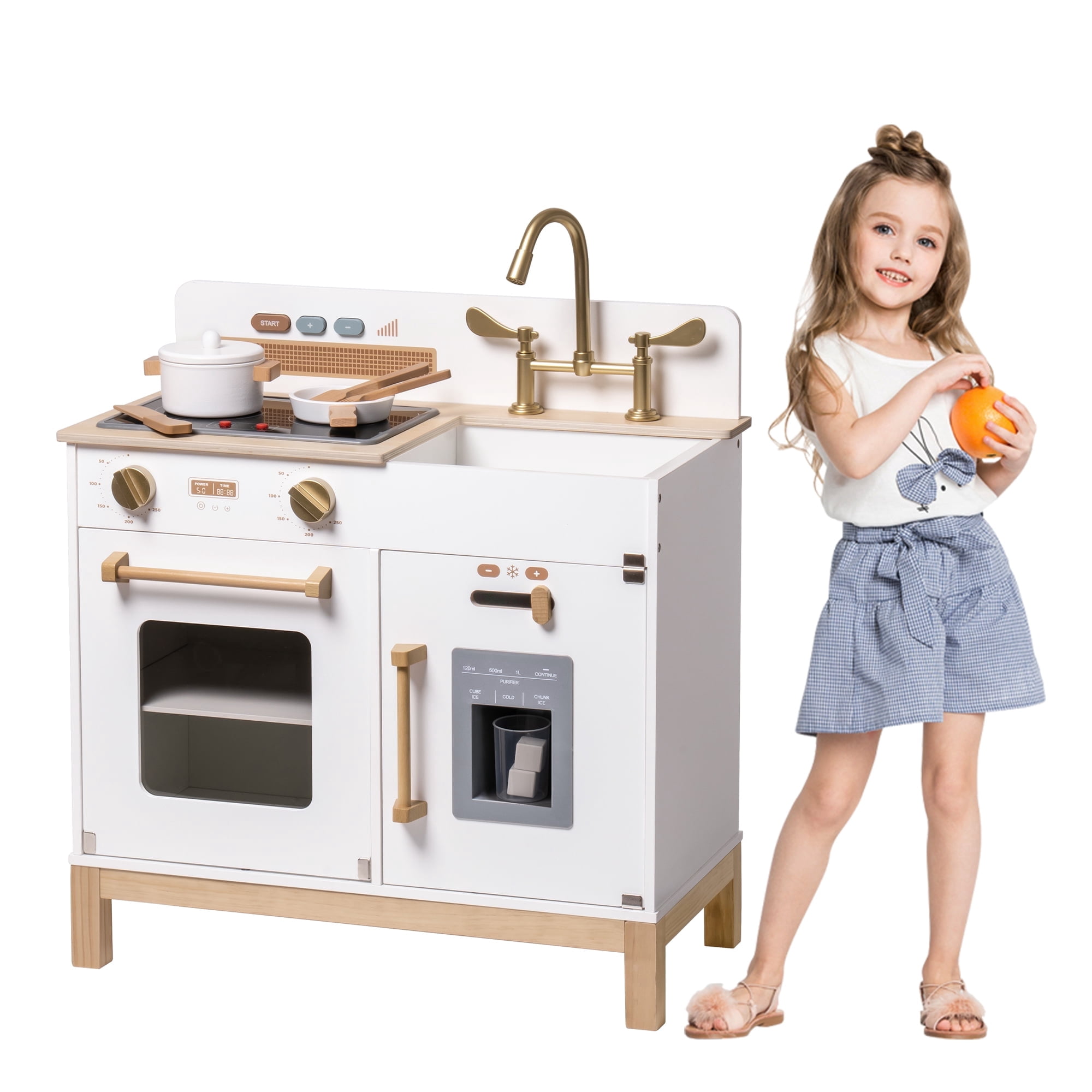 Robud Pretend Play Kitchen Wooden Toy Set for 3+ Kids with Ice Maker and Oven, White