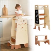 Robud Toddler Standing Tower with Step Stool Set, 2-in-1 Wooden Kitchen Stool for Kids, Adjustable Height Toddler Tower for Kitchen & Bathroom, Learning Tower with Blackboard for 2 Year+