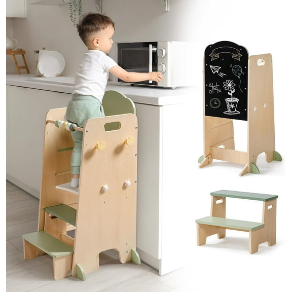 Robud Toddler Tower Adjustable Kitchen Stool with Chalkboard, Hooks and Anti-Tip Design, Movable Kids Step Stool with Cute Safety Rail, Montessori Activity, Green
