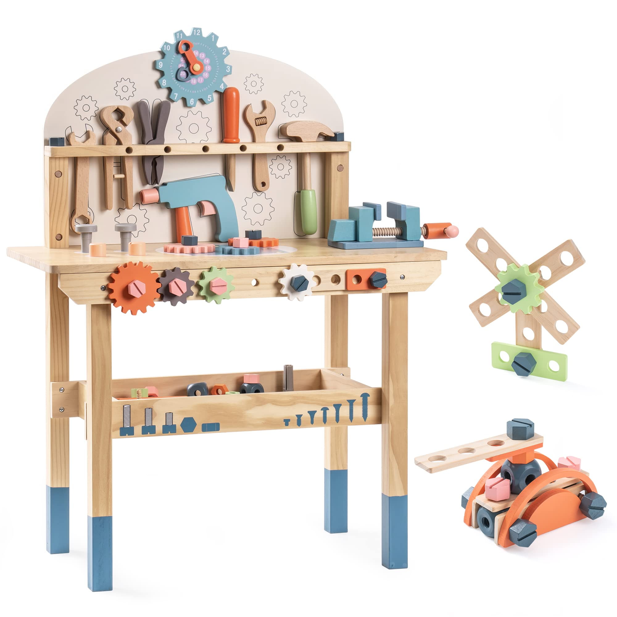 Large Multicolor Wooden Play Tool Workbench Set for Kids