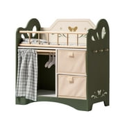 Robud Victoria Doll Crib Wooden Baby Doll Cradle with Storage and Bedding Pretend Play Furniture Toy for Toddlers Girls,Green