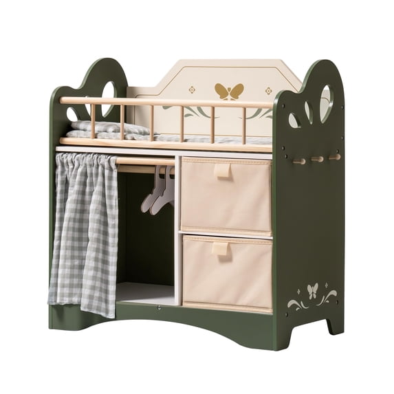 Robud Victoria Doll Crib Wooden Baby Doll Cradle with Storage and Bedding Pretend Play Furniture Toy for Toddlers Girls,Green