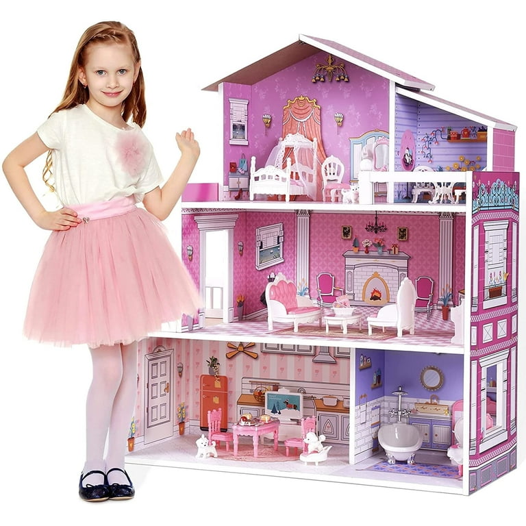 Robud Wooden Dollhouse, 3-Story Pretend Play Set, Dollhouse with