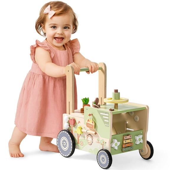 Robud Wooden Baby Walker for 10+ Months, Adjustable Speed & Height Learning Push Toy Montessori Activity (Rustic Farm Adventure Theme)