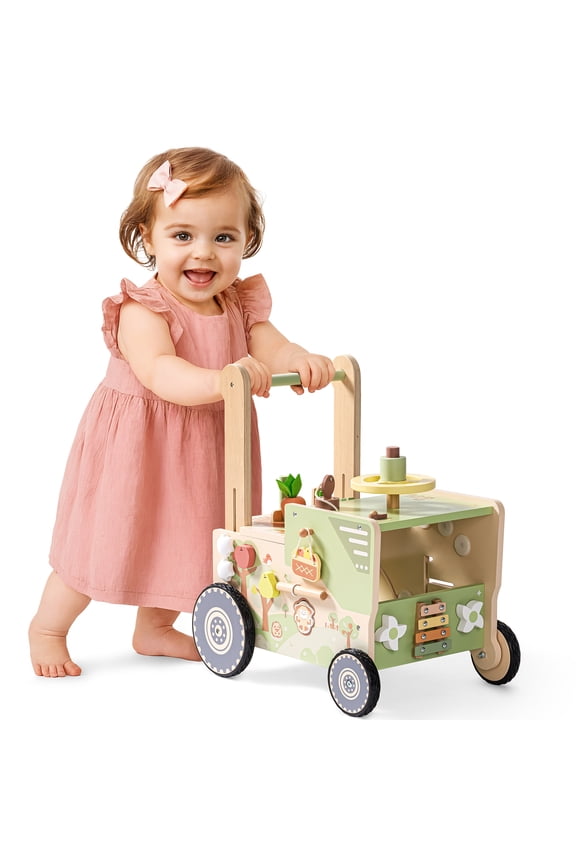 Wooden Baby Walker for 10+ Months, Adjustable Speed & Height Learning Push Toy Montessori Activity (Rustic Farm Adventure Theme)