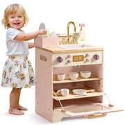 Robud Wooden Dishwasher Playset for Kids - Pretend Kitchen Sink with Faucet, Turning Knobs, Dish Rack & Tableware for Toddler Role Play Toy Ages 3+, Pink