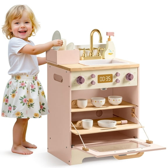 Robud Wooden Dishwasher Playset for Kids - Pretend Kitchen Sink with Faucet, Turning Knobs, Dish Rack & Tableware for Toddler Role Play Toy Ages 3+, Pink