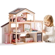 Robud Wooden Dollhouse, 6 Rooms Wooden Doll House with 29Pcs Furniture Set, Working Elevator, Garage, Swimming Pool, Ideal Gift for Kids Ages 3+ Modern Black