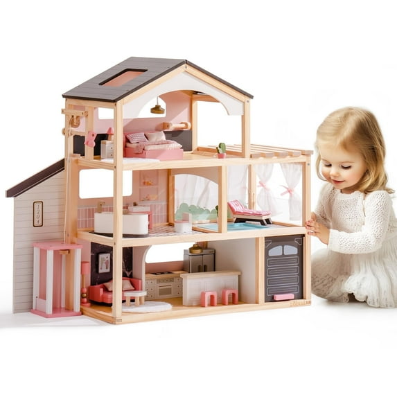 Robud Wooden Dollhouse, 6 Rooms Wooden Doll House with 29Pcs Furniture Set, Working Elevator, Garage, Swimming Pool, Ideal Gift for Kids Ages 3+ (Modern Black)
