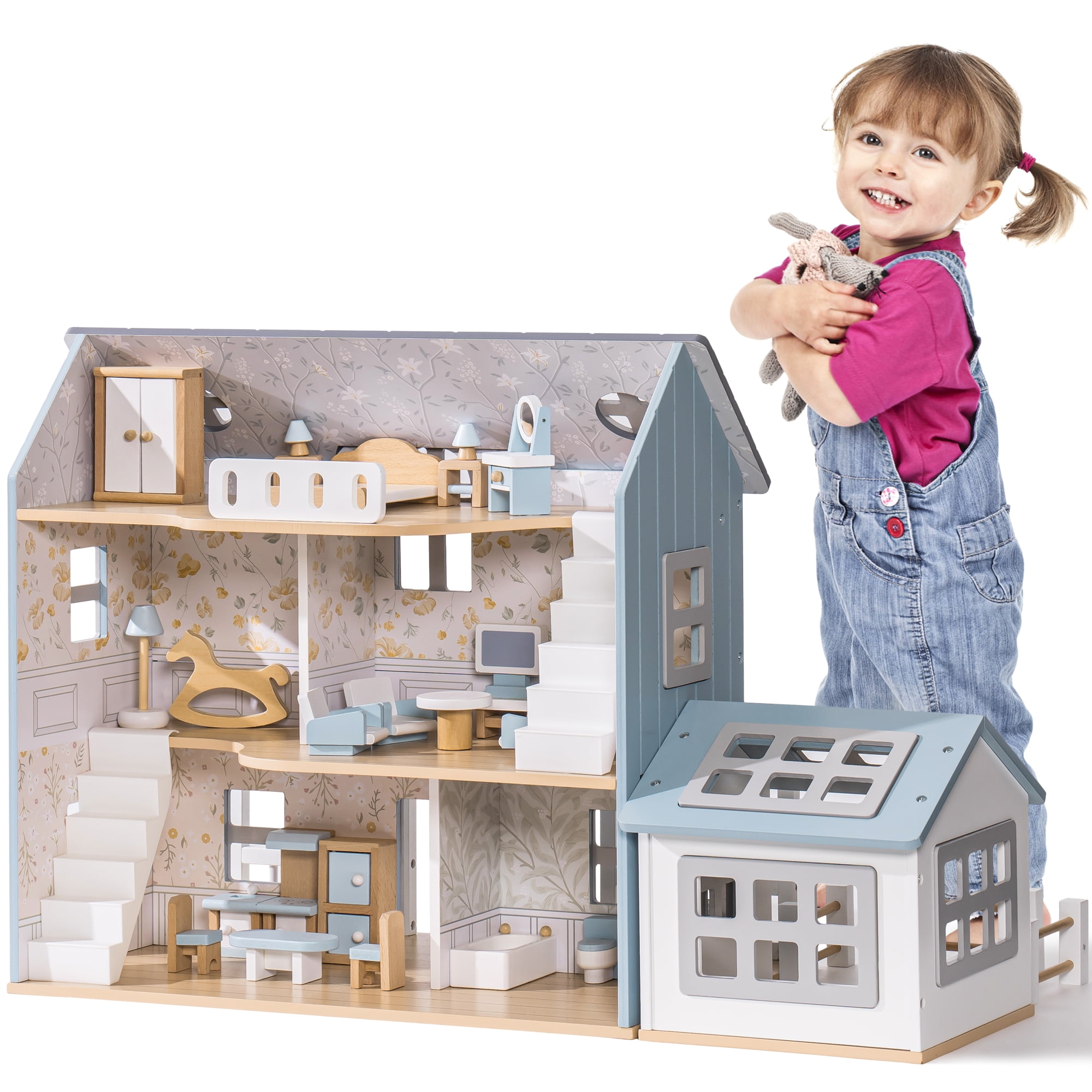 Robud Wooden Dollhouse Set with 25pcs Furniture,6-Room Doll Playhouse ...