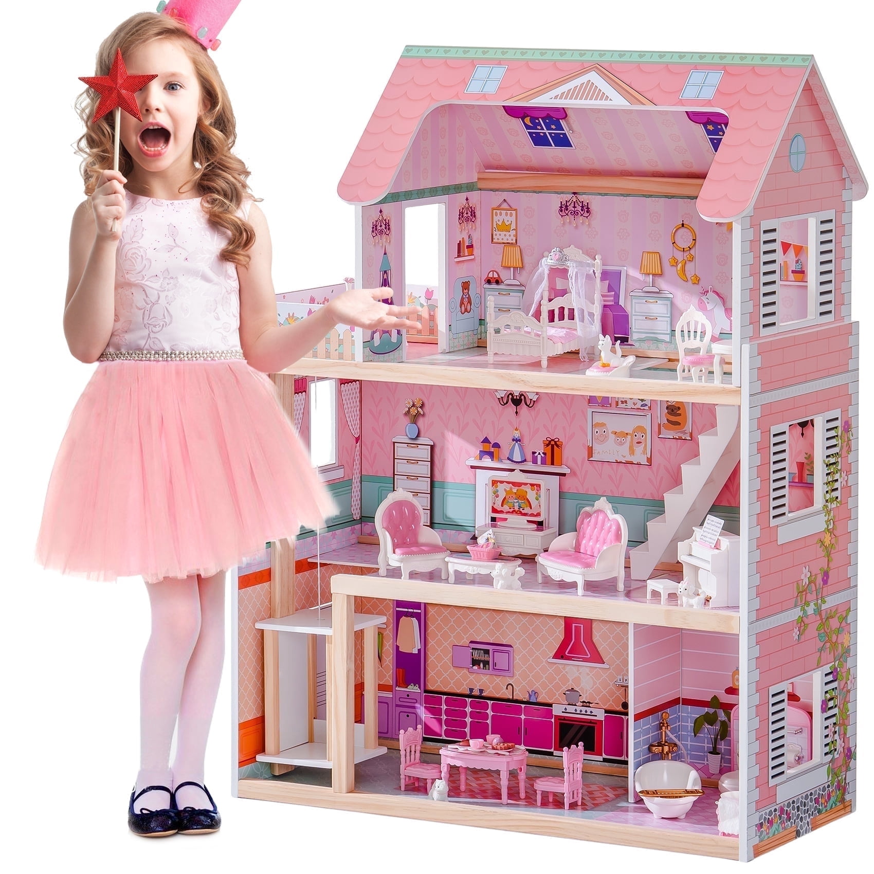 Robud Wooden Dollhouse with 20pcs Furniture 3-Storey Preschool Toy Dollhouse for Kids Girls,23.4"X12"X32" Pink