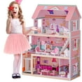 thumbnail image 1 of Robud Wooden Dollhouse with 20pcs Furniture 3-Storey Preschool Toy Dollhouse for Kids Girls,23.4"X12"X32" Pink, 1 of 10