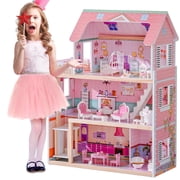 Robud Wooden Dollhouse with 20pcs Furniture 3-Storey Preschool Toy Dollhouse for Kids Girls,23.4"X12"X32" Pink for 3+
