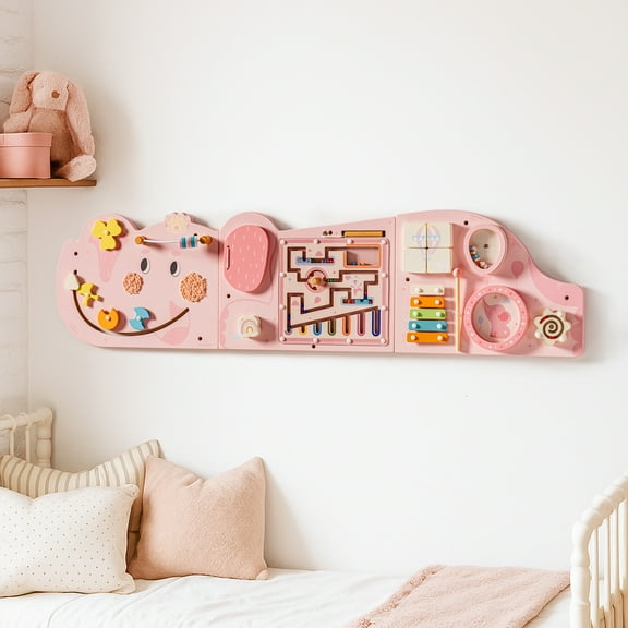 Robud Wooden Elephant Busy Board, Montessori Sensory Wall Toy with Bead Maze, Xylophone & Gear Toys for Toddlers 1-3, Educational Learning Toys for Fine Motor Skills, Gift for Boys Girls, Pink