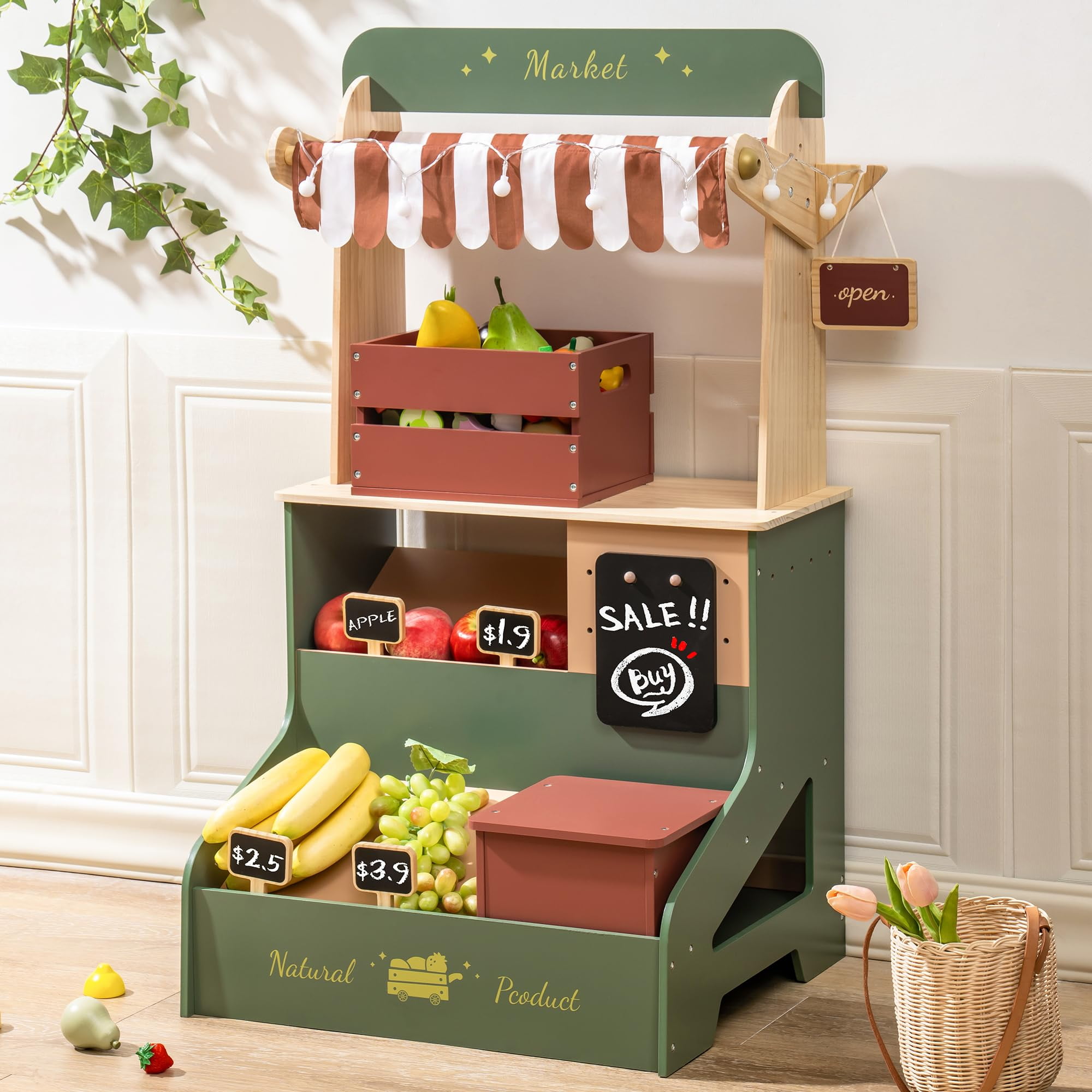 Robud Wooden Grocery Store Playset, Kids Play Store, Starlight Market Kitchen Playset Stand- Realistic Pretend Play Set with Lights, Chalkboard, Gift for Boys Girls 3+