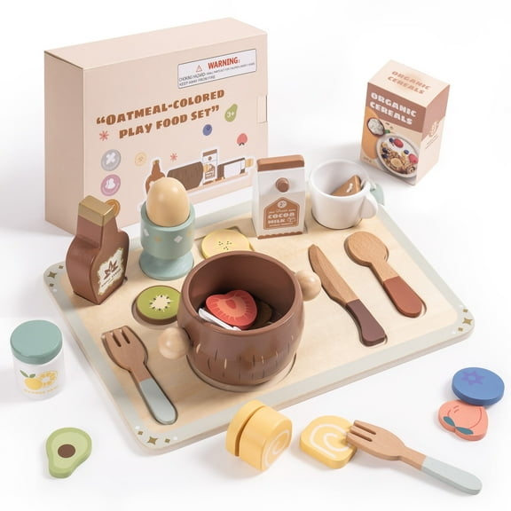Robud Wooden Play Food Set for Kids, Coconut Oats Montessori Kitchen Toys, Educational Pretend Play for Toddlers