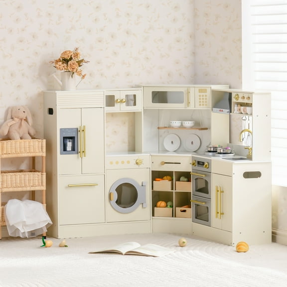 Robud Wooden Play Kitchen Set, Pretend Play Corner Kitchen, Kids Kitchen Playset with Lights & Sounds, Refrigerator, Laundry Playset, Oven and Storage Cabinet, Gift for Boys Girls 3+