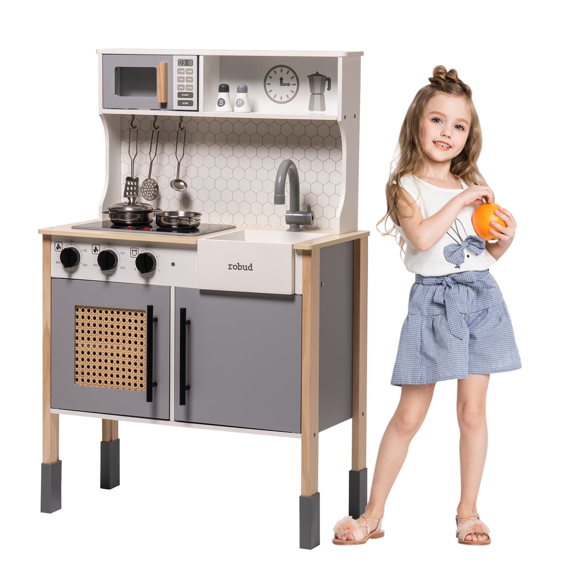 Gray Wooden Play Kitchen Set with Lights and Sounds