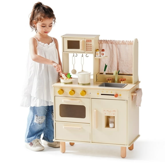 Robud Wooden Play Kitchen for Kids Toddlers, Pretend Play Kitchen Set Toy with Microwave, Sink, Oven, Chalkboard & Plant Kits Gift Toys, Beige
