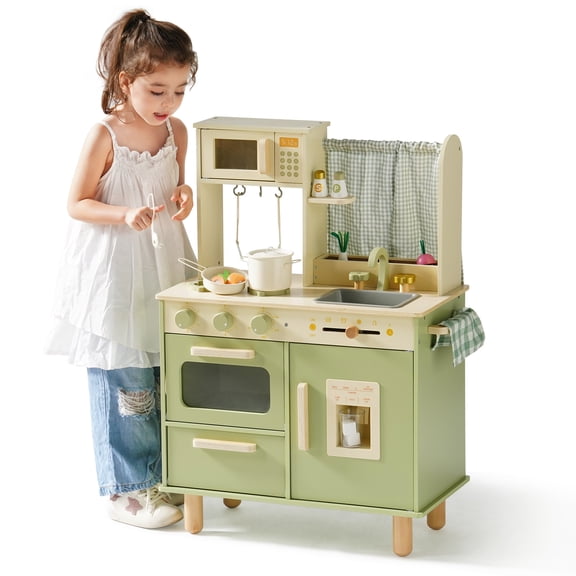 Robud Wooden Play Kitchen for Kids Toddlers, Pretend Play Kitchen Set Toy with Microwave, Sink, Oven, Chalkboard & Plant Kits Gift Toys, Green