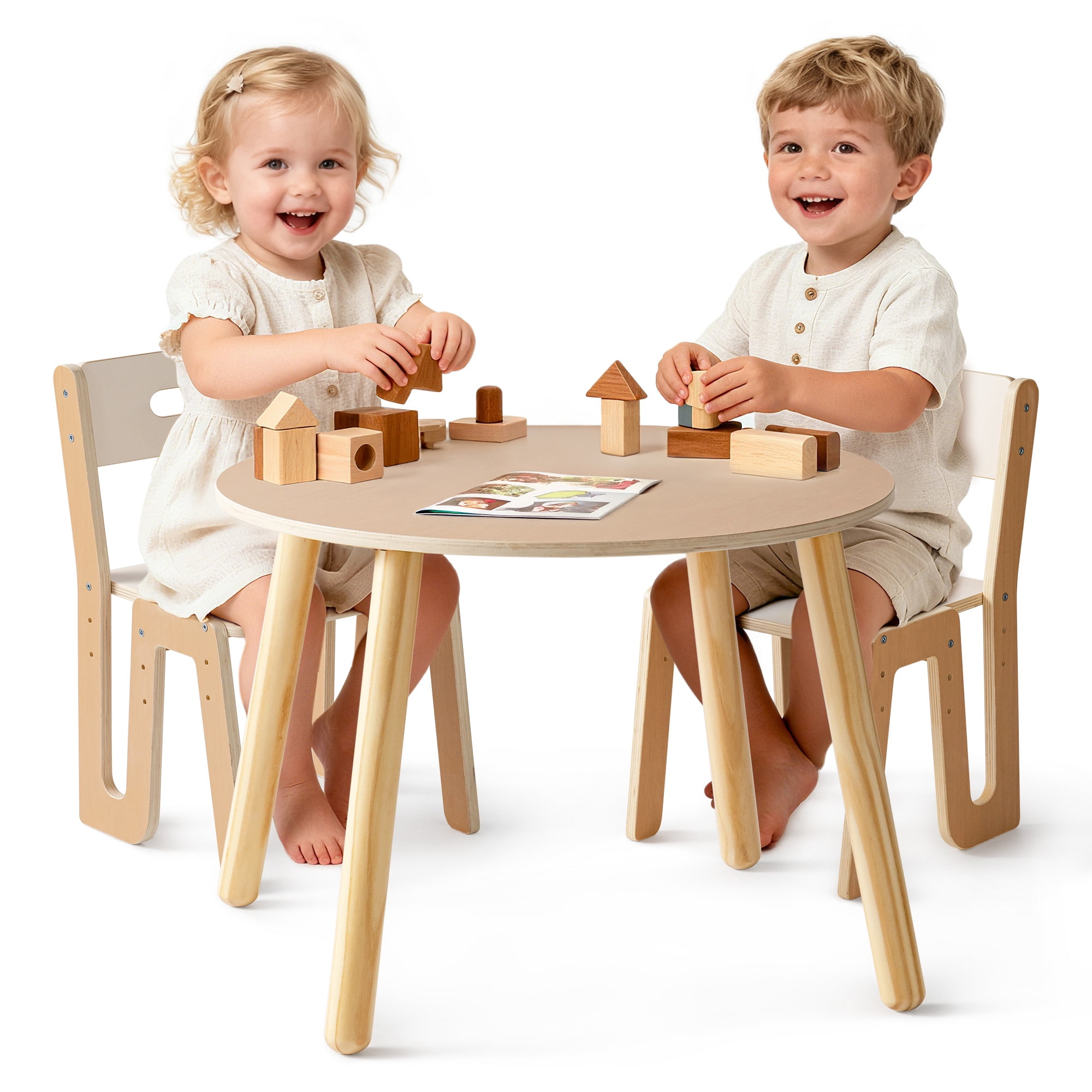 Robud Wooden Toddler 2 Chair and Talbles Set, Sturdy Round Table  Erasable Graffiti Desktop Kids Chairs, Classroom/Daycare/Home, Children Multi-Activity Table for Ages 3+