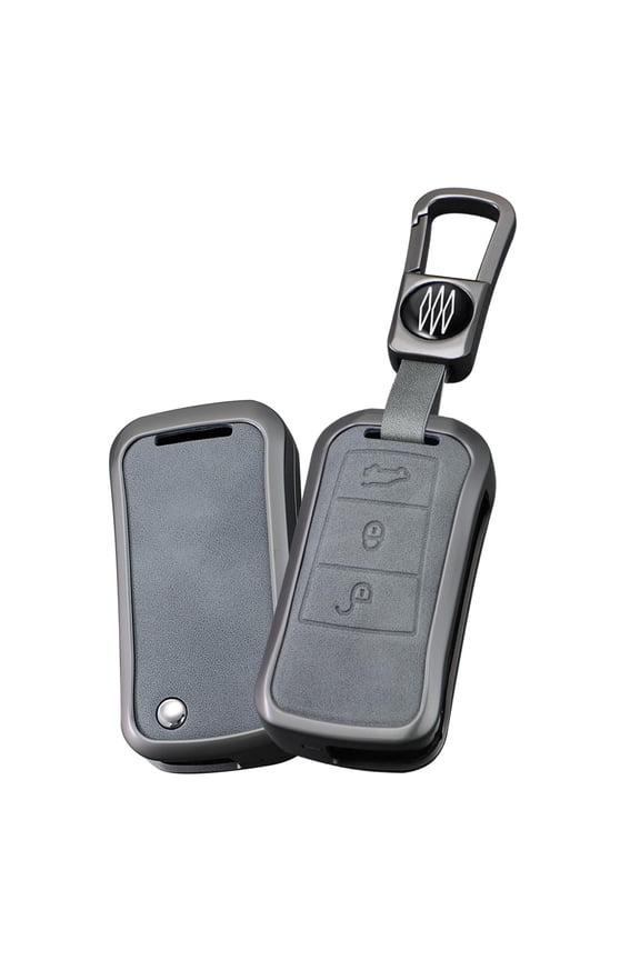 Robust Gray Metal and Leather 3-Button Flip Key Fob Protector with Keychain Compatible with First Generation Porsche Cayenne 2003-2011 Keyless Entry Remote