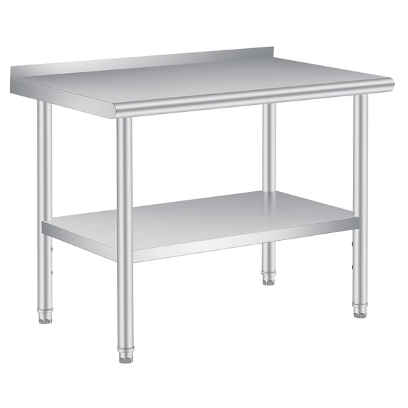 Robust stainless steel work table for professional kitchens  With raised edge and height-adjustable shelf  Heavy-duty prep and work table for kitchens, catering and outdoor use  48 x 24 inches
