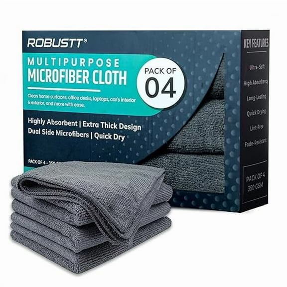 Robustt Microfiber Cloth (Grey, Pack of 4) 40x40 cms - 350 GSM Thick Lint & Streak-Free Multipurpose Cloth - Automotive Microfibre Towel for Car Bike Cleaning Polishing Washing & Detailing