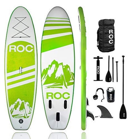 Roc Inflatable Stand Up Paddle Boards W Free Premium SUP Accessories & Backpack, Non-Slip Deck Bonus Waterproof Bag, Leash, Paddle and Hand Pump (Green)