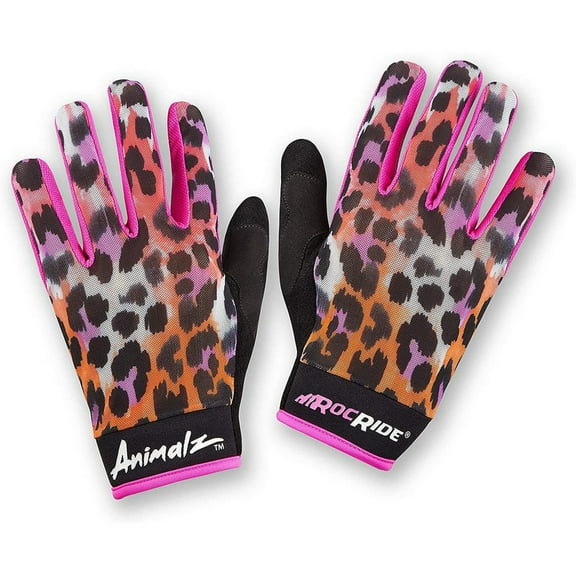 RocRide Animalz Pink Leopard Full Finger Cycling Gloves for Mountain Biking, Road and BMX. Womens Medium.