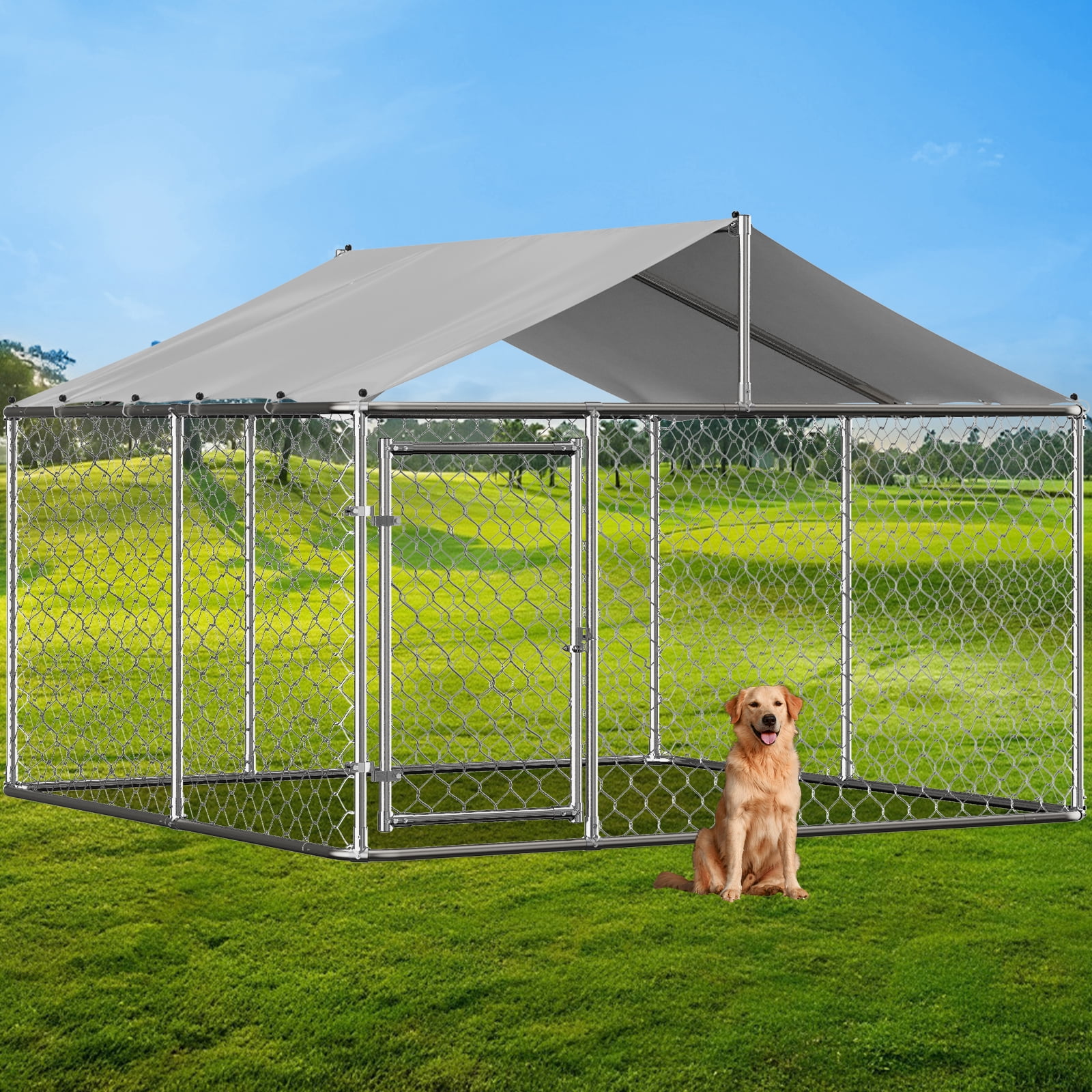 RocVanc 10'x10' Outdoor Dog Kennel with Metal Dog Gate, Outdoor Dog Enclosure with Roof, Heavy Duty Dog Kennel for Outdoor Backyard Farm