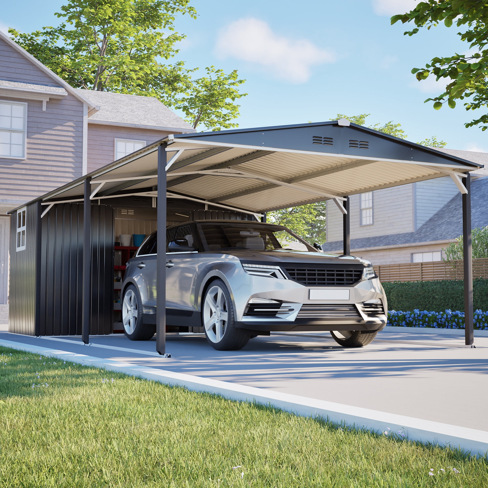 RocVanc 12' x 23' Heavy Duty Metal Carport & Outdoor Storage Shed, 2-in-1 Combo Garage with Sliding Door, Window and Air Vents, Gray