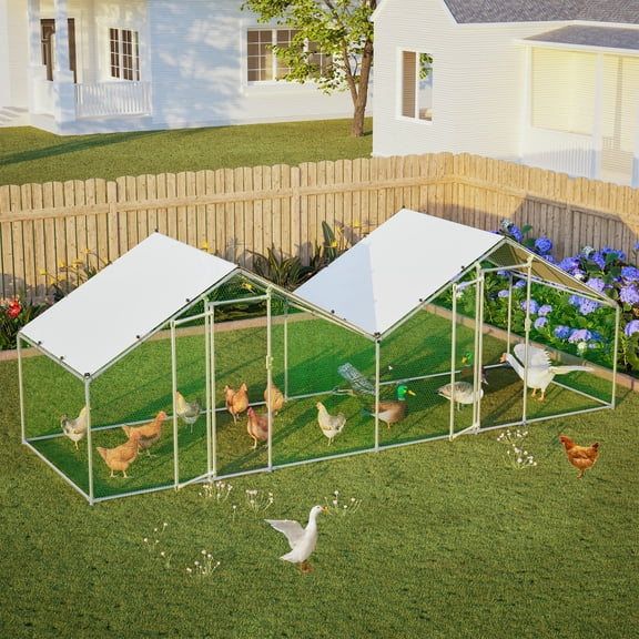 LZBEITEM 20' x 6.7' x 6.7' Large Metal Chicken Coop with Dual-Zone Design, Heavy Duty Walk-in Poultry Run with Waterproof & Anti-UV Cover, Outdoor Hen House for 15-20 Chickens, Ducks, Rabbits