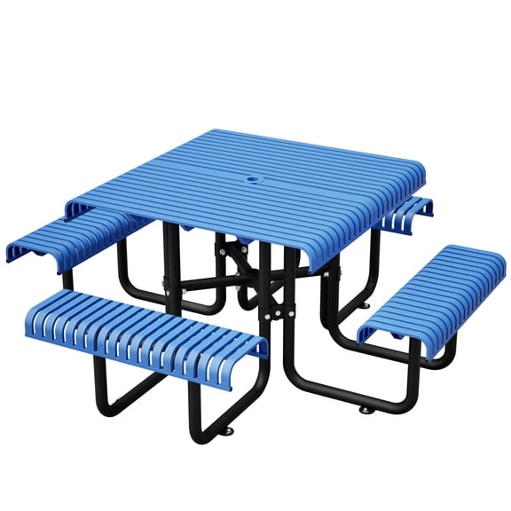 RocVanc 46" Metal Outdoor Picnic Table with Benches and Umbrella Hole, Blue