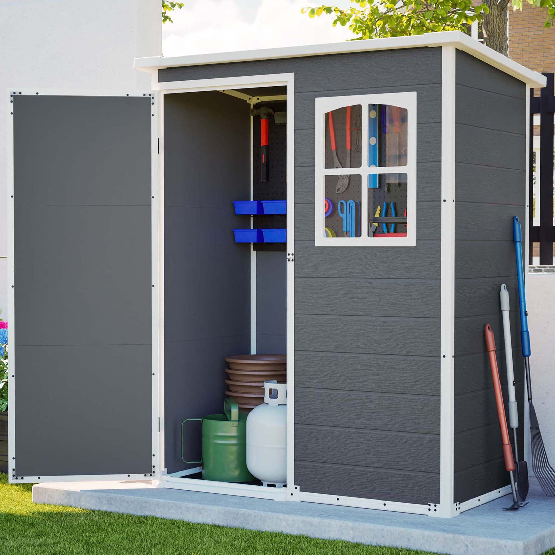 LZBEITEM 5x3 ft Resin Outdoor Storage Shed with Floor, Garden Plastic Tool Shed with Window and Lockable Door, Colorfast, for Garden Backyard, Gray