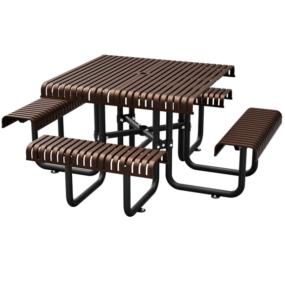 RocVanc 8-Person Outdoor Metal Picnic Table Set, Heavy Duty Square Patio Table with 4 Benches & Umbrella Hole for Backyard Garden Park, Brown