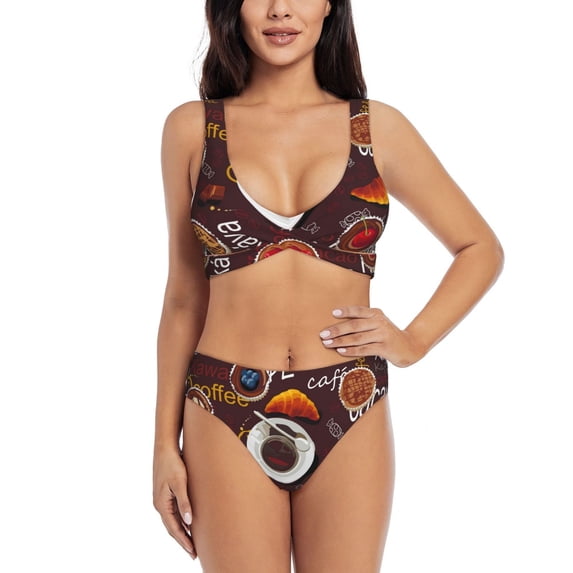 Rocae A Cup Of Black Coffee On A Saucer for Bikini Set for Women Two Piece Sexy High Swimsuits Split Crossover Bikini Medium