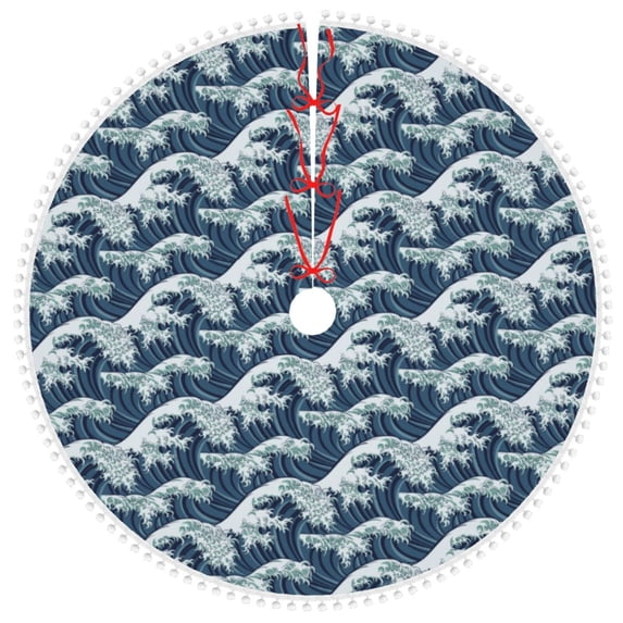 Rocae A Japanese Great Wave for Christmas Tree Skirt with Pom Pom Trim for Holiday Party for Holiday Home Decor Indoor Outdoor-48"