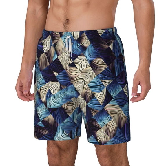 Rocae Abstract Blue Squares for Men's Swim Trunks Quick Dry With Two Side Pockets and One Lined Patch PocketLarge