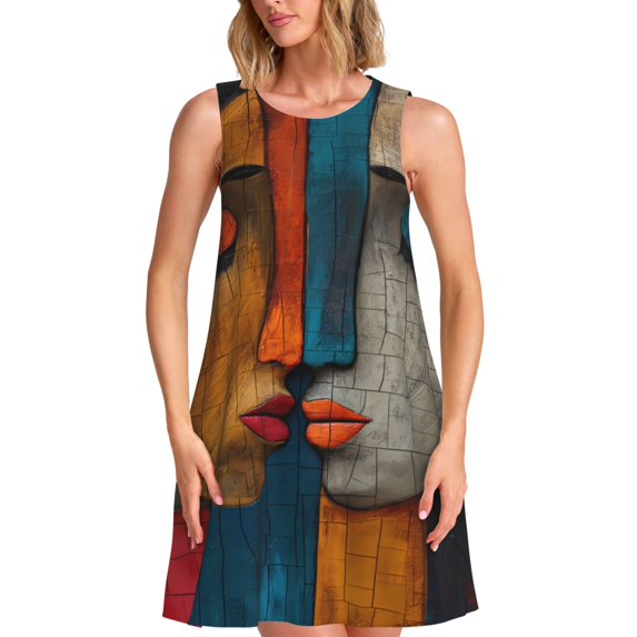 Rocae Abstract Colorful Duality for Sleeveless Dresses Summer Casual Ruffle Sleeveless Cute Crew Neck Flowy Dress with Pockets