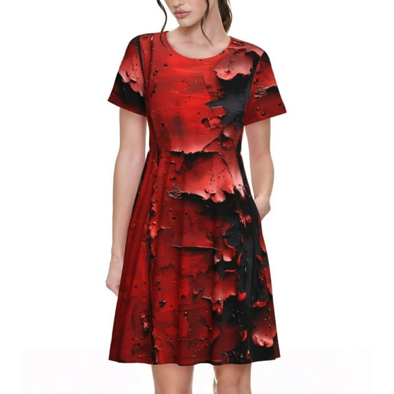 Rocae Abstract Red Textured Canvas for Dresses Summer Casual Ruffle Short Sleeve Cute Crew Neck Flowy Dress with Pockets