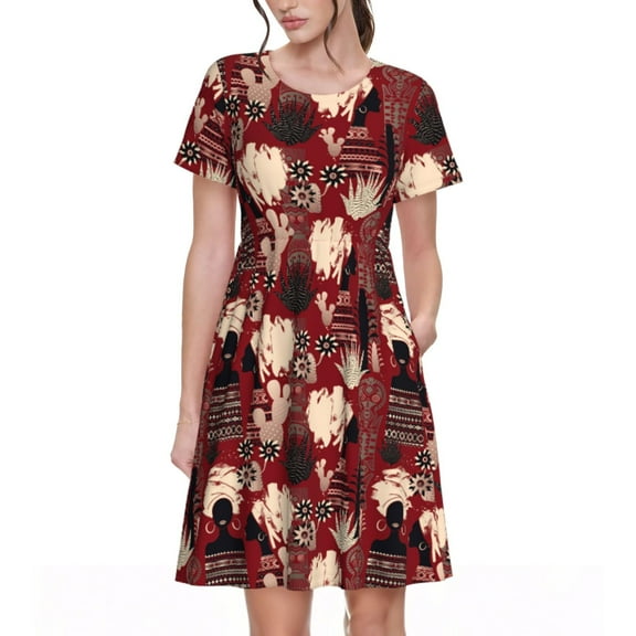 Rocae African Women A for Dresses Summer Casual Ruffle Short Sleeve Cute Crew Neck Flowy Dress with Pockets