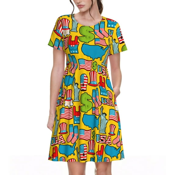 Rocae America Symbols for Dresses Summer Casual Ruffle Short Sleeve Cute Crew Neck Flowy Dress with Pockets