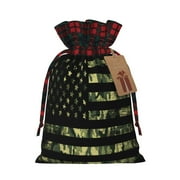 Rocae American Flag Camo Print Christmas Drawstring Linen Gift Bag with Drawstrings Treat Bag Goody Present Bags for Christmas Party Favor